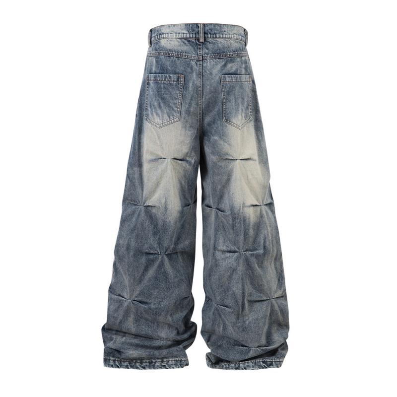 デニムパンツ メンズ ウォッシュ加工 ヴィンテージ加工 グランジ ヒップホップストリート ワイド ルーズフィット プリーツ こだわりデザイン 個性的 コットン100% ブルー