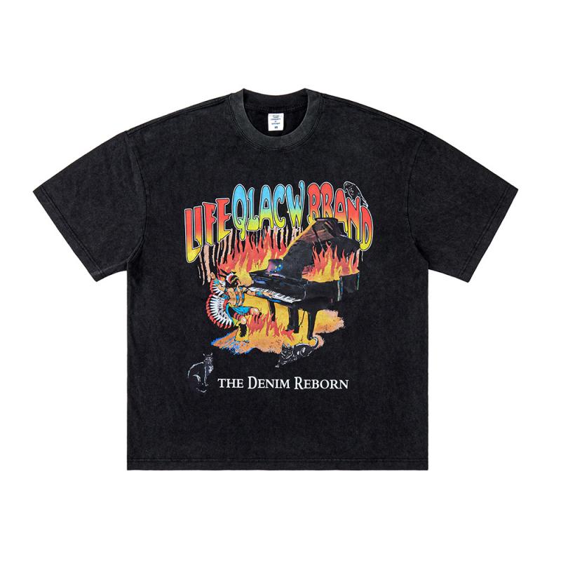 Tシャツ メンズ 春夏 綿100% ゆったり ドロップショルダー ウォッシュ加工 クルーネック ストリート系 火炎 インディアン ピアノ プリント 半袖 ブラック