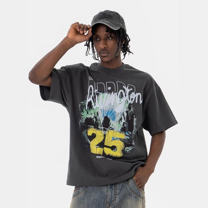 Tシャツ メンズ ゆったり ドロップショルダー クルーネック 半袖 綿100% 285g天竺 デジタルプリント 幾何学模様 ストリートファッション トレンド 春夏 カジュアル グレー