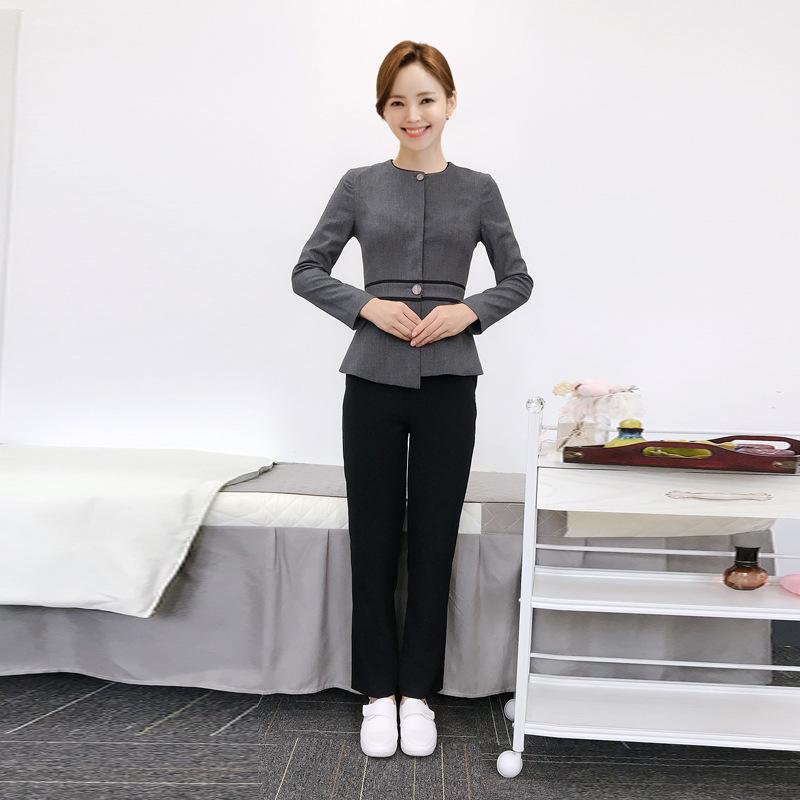 セットアップ レディース 長袖 防寒 ワークウェア 制服 ユニフォーム 美容 エステ ネイル クリニック 受付 サロン スタッフ 施術着 秋冬 グレー ポリエステル
