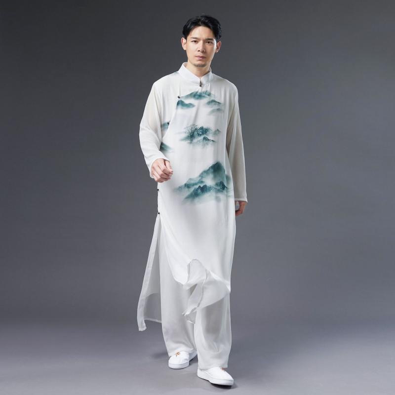 漢服 メンズ スタンドカラー 薄手 通気性 シフォン ポリエステル ホワイト ロング丈 斜め襟 プリント 中国風 カジュアル 夏物 上着