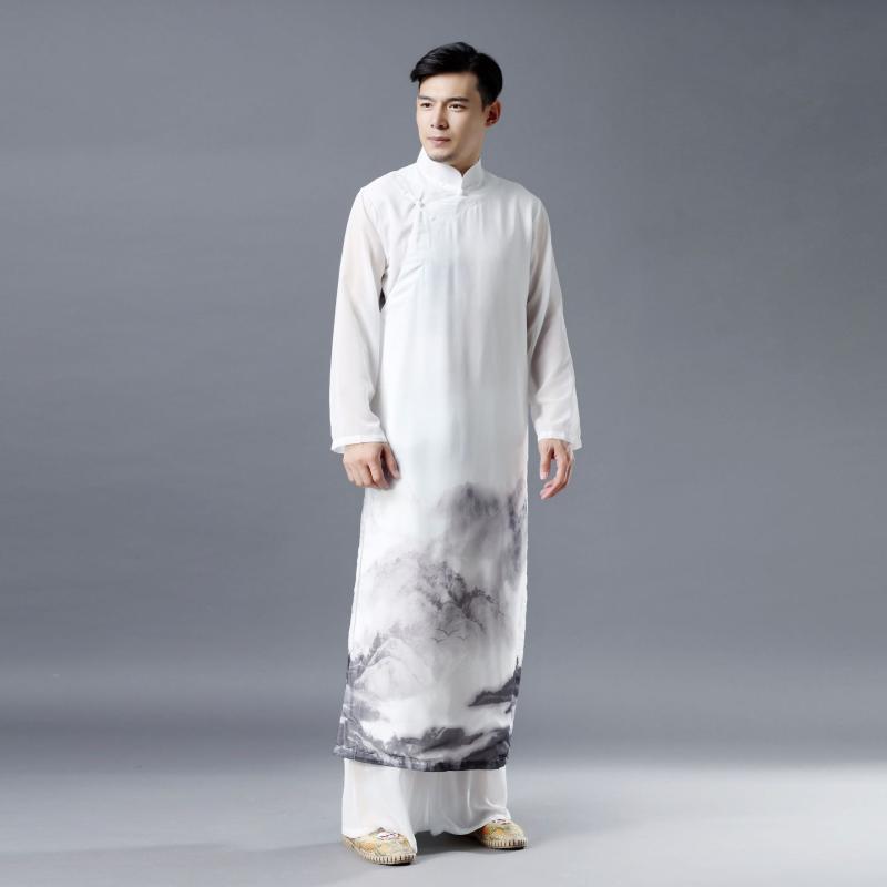 チャイナ服 メンズ 春夏 中国風 シフォン 薄手 涼しい 山水画 プリント チャイナボタン ロング丈 長袖 シャツ 羽織り ゆったり カジュアル 民族衣装 リラックス