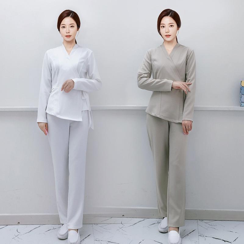 セットアップ レディース 吸汗速乾 美容師 エステティシャン ネイリスト 制服 ユニフォーム 韓国風 サロン ワークウェア パンツスーツ 秋冬 ポリエステル