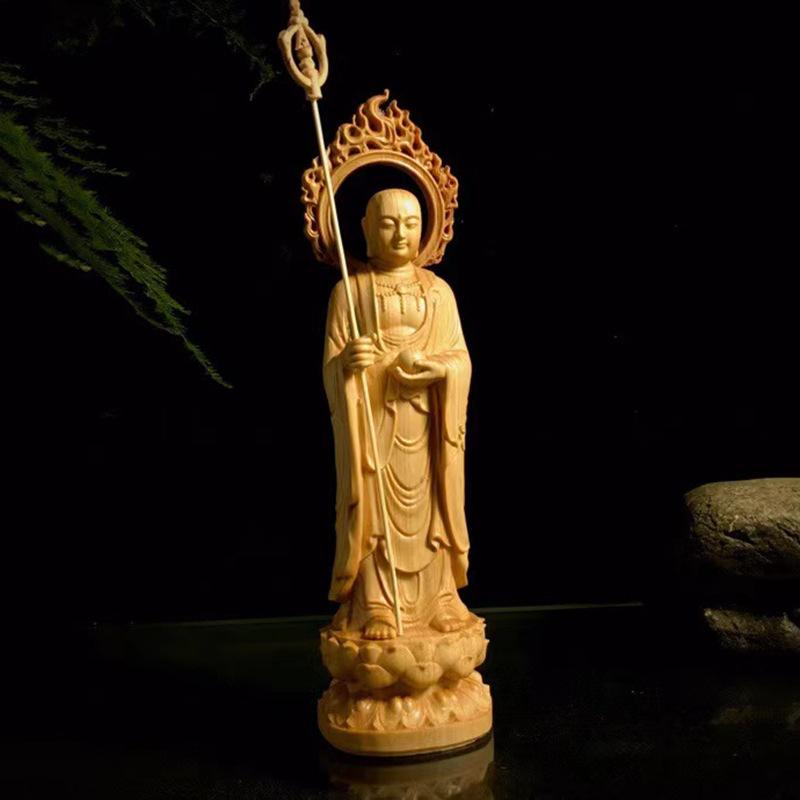 仏像 置物 崖柏木 手彫り 地蔵菩薩 菩薩像 後光 蓮花台座 インテリア 精巧 彫刻 開運 縁起物 リビング 玄関 和室 装飾品 ギフト