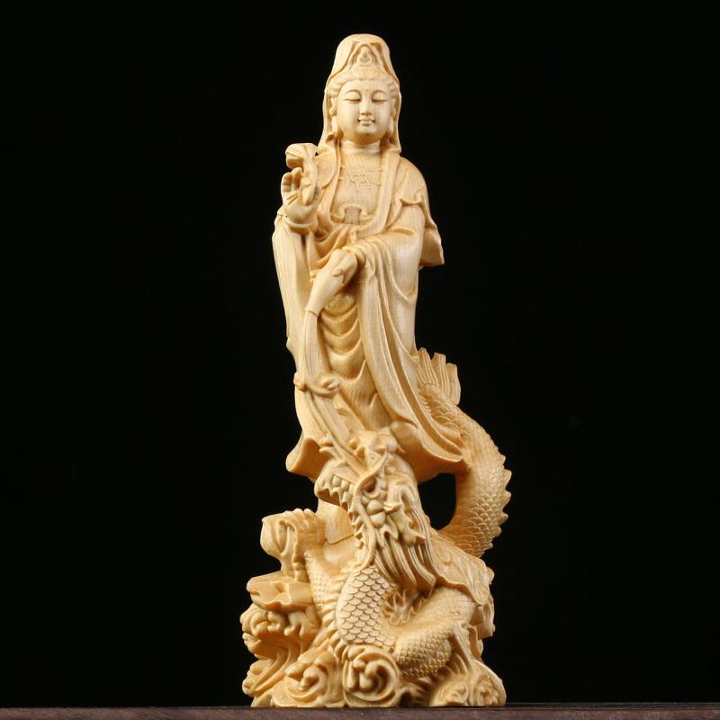 置物 柘植木彫り 彫刻 仏像 御龍観音 縁起物 開運 供養品 家庭用 リビング飾り インテリア オブジェ 工芸品
