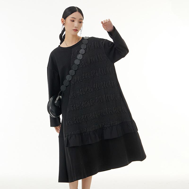 ワンピース レディース 大きいサイズ ゆったり 体型カバー ぽっちゃりさん 着痩せ効果 春夏 上品 エレガント きれいめ カジュアル クルーネック 長袖 ミディ丈 切り替え ポリエステル 綿 ブラック