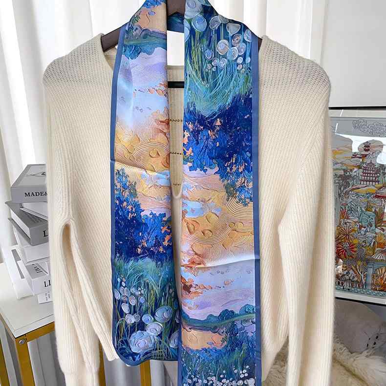 スカーフ レディース 天然シルク100% マルベリーシルク ダブルレイヤー 両面 油絵柄 夢幻アート エレガント 上品 細長 ロング リボン ボウタイ ネッカチーフ 通勤 オフィス カジュアル 春夏秋