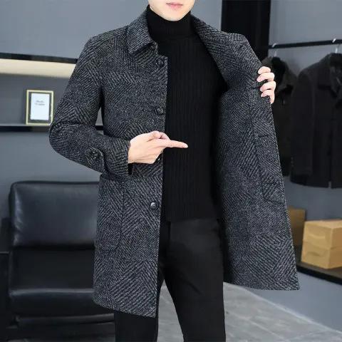 コート メンズ 男性用 冬 厚手 暖かい ダブルフェイス ウール 起毛 ミドル丈 シングルボタン テーラードカラー 千鳥格子柄 ゆったり オーバーサイズ ビジネス カジュアル 通勤 通学 多機能ポケット グレー