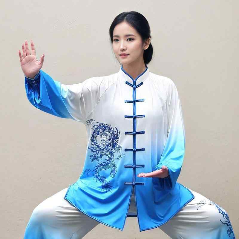 太極拳ウェア メンズ レディース 接触冷感 龍鳳 青花瓷 グラデーション 刺繍 中国風 武術服 演武服 試合用 パフォーマンス ショール 三点セット