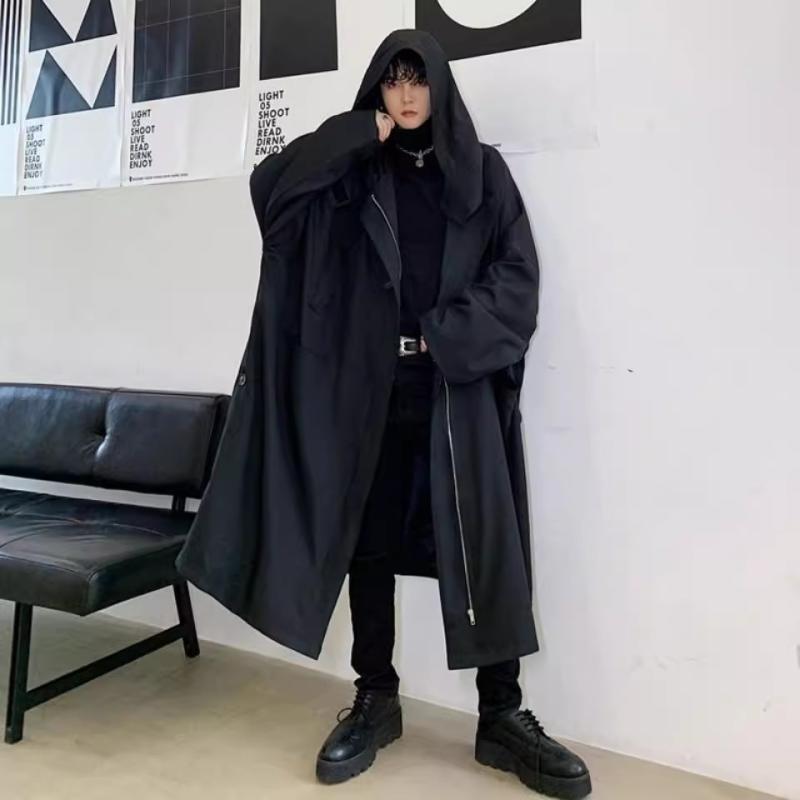 コート メンズ 秋冬 ゆったり オーバーサイズ フード付き シングルボタン ダーク系 膝丈 ロングアウター 韓国ファッション トレンチスタイル カジュアル ストリート ポリエステル ブラック