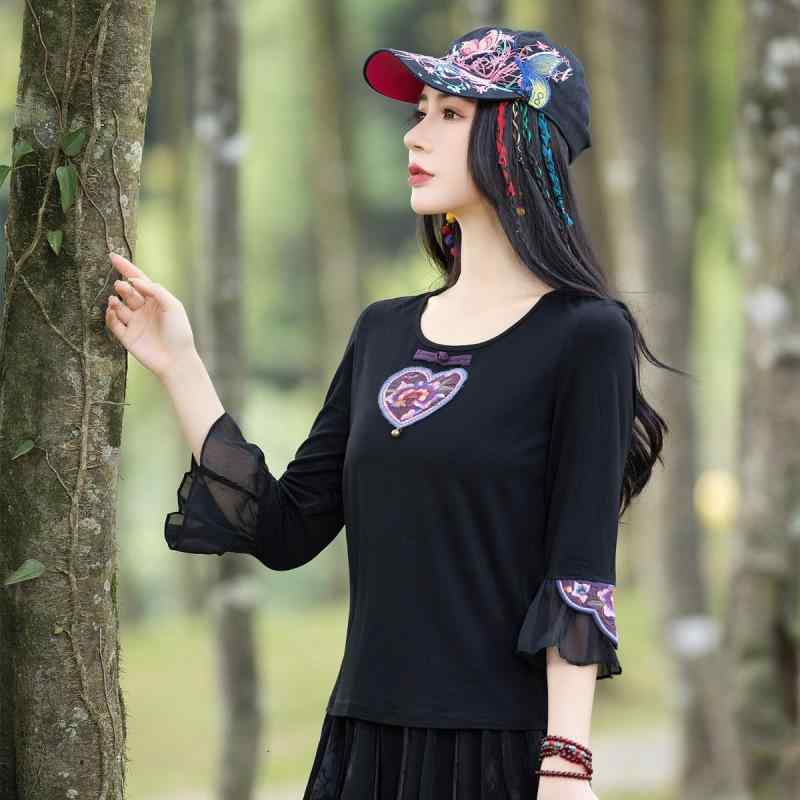 Tシャツ レディース 民族調 レトロ 中国風 春夏 丸首 七分袖 刺繍 花柄 綿 快適 肌触り ゆったり 普段使い 大人カジュアル ブラック