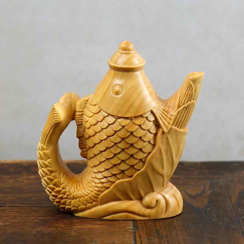 置物 インテリア 柘植 木彫り 魚型 急須 茶壺 金運 招財 縁起物 高級感 木製 オブジェ 和室 リビング 玄関 飾り アジアンテイスト 手作り 工芸品 開運