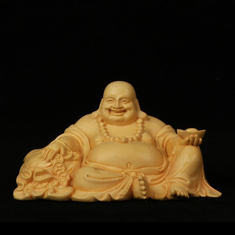 木彫り 仏像 招財 金運 開運 縁起物 布袋様 弥勒菩薩 黄楊木 根彫り 車用 インテリア 飾り オブジェ 贈り物 プレゼント コレクション