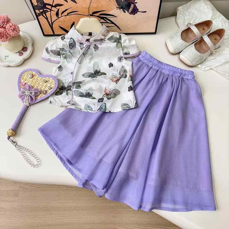 セットアップ キッズ 女の子 春夏 涼しい 薄手 ポリエステル 柔らか素材 新チャイナ風 花柄 ノースリーブ ワイドパンツ 九分丈 レトロ 2点セット
