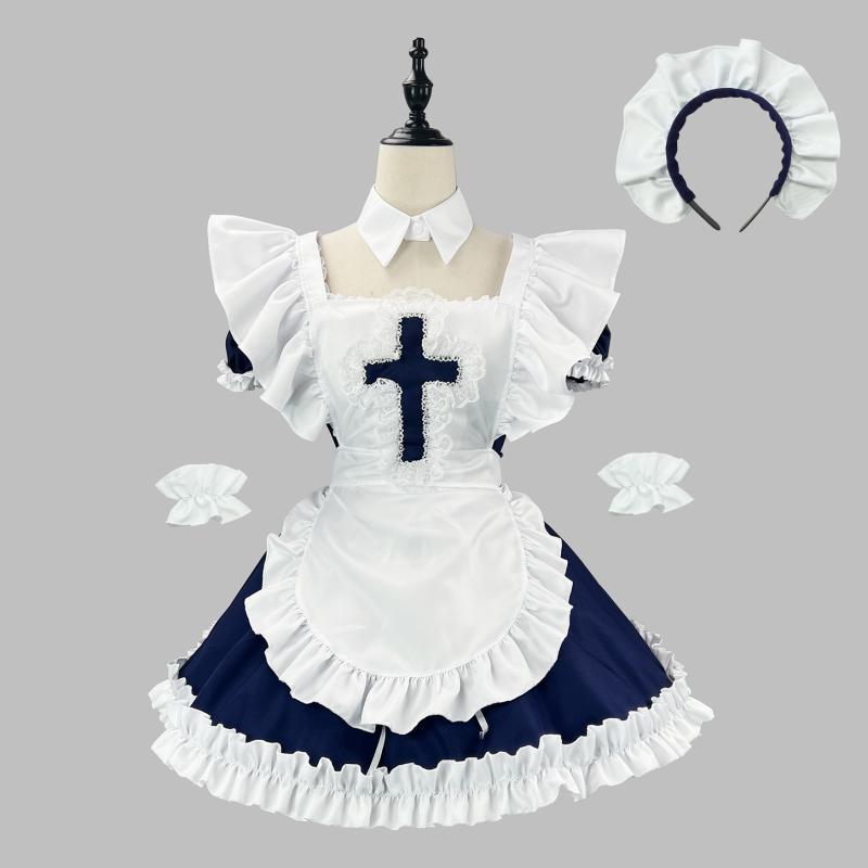 ワンピース レディース 女性用 半袖 かわいい 日本風 メイド服 コスプレ 衣装 ゲーム アニメ イベント パーティー 甘め スイート 春夏 ブラック ネイビー 大きいサイズ ポリエステル素材