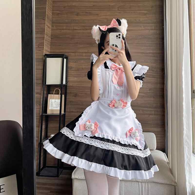 メイド服 レディース 猫耳 かわいい ロリータ コスプレ アニメ 衣装 ハロウィン イベント パーティー フリル リボン ポリエステル 黒 ブラック