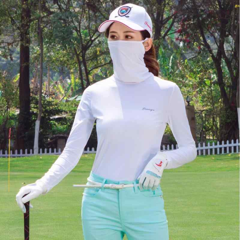 ゴルフウェア レディース 女性用 春夏 UVカット 日焼け対策 接触冷感 吸汗速乾 ハイネック プルオーバー フェイスカバー一体型 長袖 ストレッチ 無地 スポーツトップス