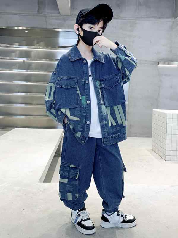 セットアップ キッズ 男の子 ジュニア デニム ジーンズ ジャケット アウター パンツ 春秋 長袖 綿 コットン 柔らかい クール レトロ カジュアル スポーツ 2点セット 通学 お出かけ