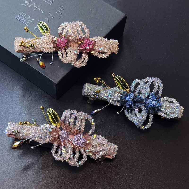 ヘアクリップ レディース 高級感 ハンドメイド クリスタル フラワーモチーフ 韓国風 かわいい 髪留め バレッタ スプリング ポニーテール ピンク ブルー パープル