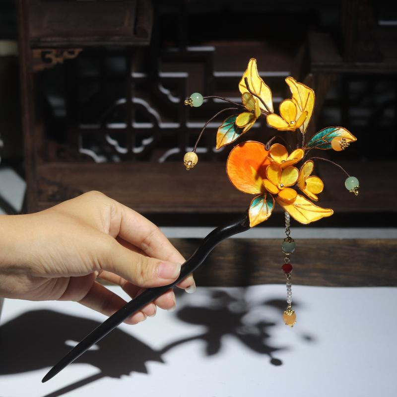 簪 レディース 黒檀木 シルク 絨花 伝統工芸 新中華風 古典的 漢服 チャイナドレス 和装小物 髪飾り ヘアスティック アジアンテイスト パーティー イベント
