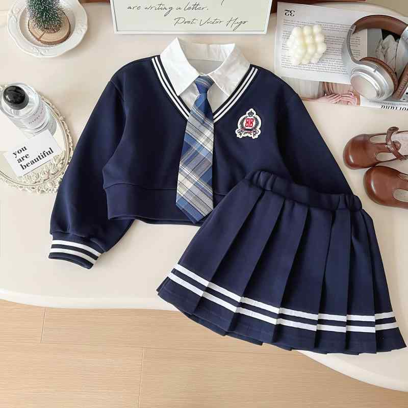 子供服 女の子 キッズ セットアップ 3点セット 学院風 JK風 トップス プリーツスカート おしゃれ かわいい 春秋 通園 通学 小学生 幼稚園児 コットン 綿素材