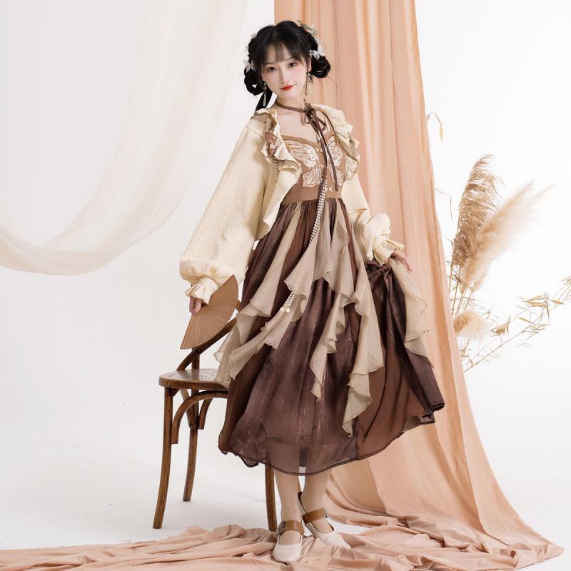 セットアップ レディース 女性用 オリジナルデザイン 蝶柄 チャイナ風 漢服風 改良型 ドールカラー パフスリーブ トップス ミディ丈 キャミワンピース ドレス レトロ エレガント 上下セット 秋冬