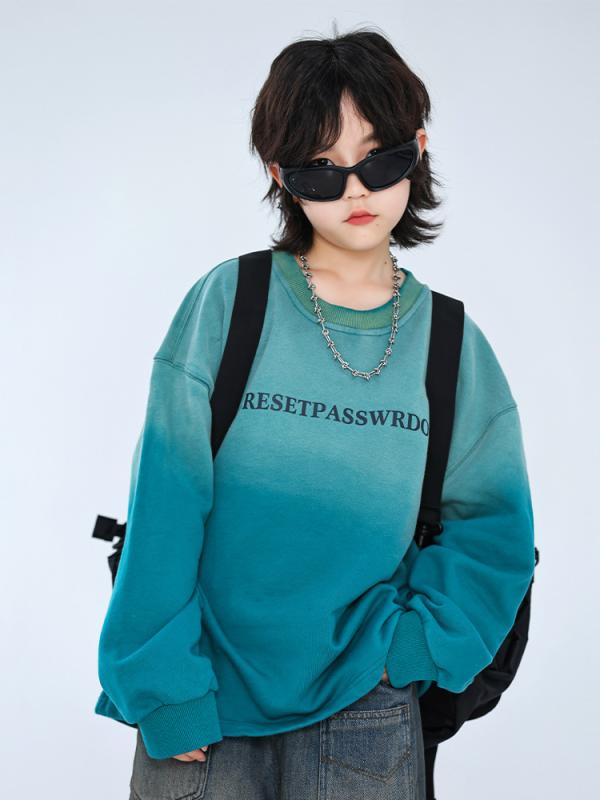 トレーナー 男の子 ジュニア ドーパミンカラー ブルー グラデーション 柔らか加工 綿混素材 長袖 春秋 スポーツ カジュアル アルファベット 配色 プルオーバー