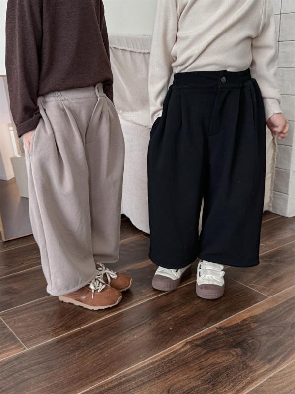 子供服 ベビー キッズ 男女兼用 ユニセックス ゆったり やわらか 綿 無地 ニット素材 ワイド ストレート クロップド丈 パンツ カジュアル リラックス 部屋着 ルームウェア ハイウエスト 秋冬