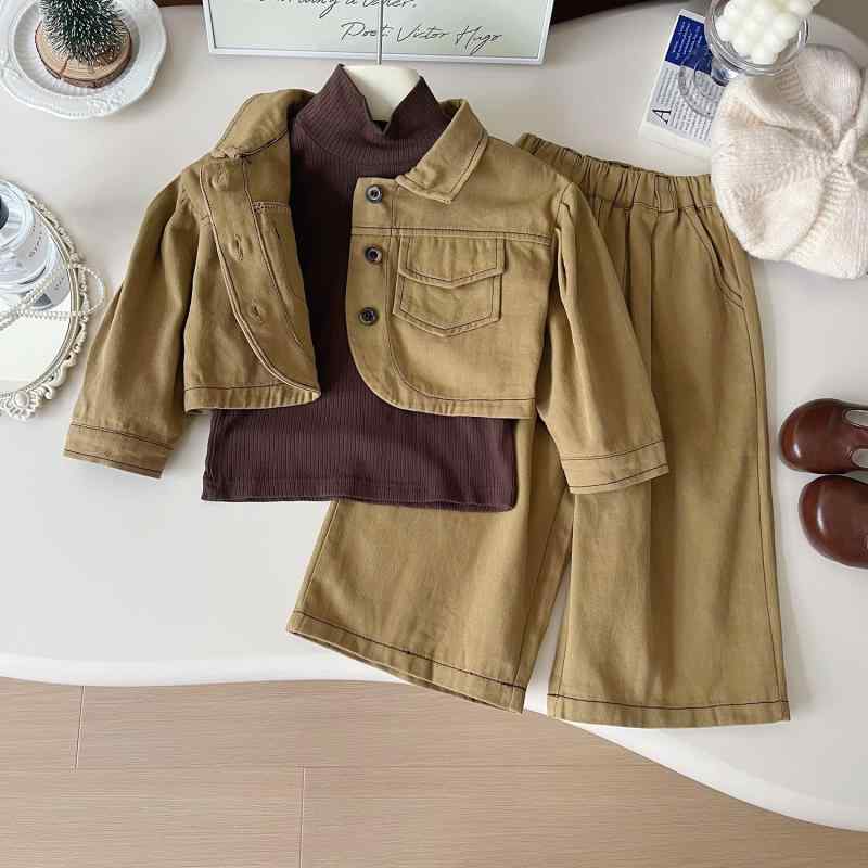 セットアップ 女の子 ガールズ 子供服 3点セット ジャケット カットソー ワイドパンツ 秋冬 韓国風 カジュアル おしゃれ 普段着 通学着 柔らかい 小学生 ジュニア お出かけ 4,758円