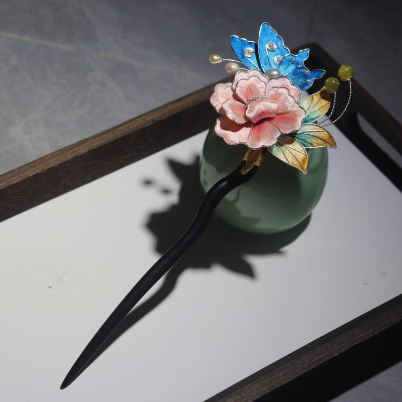 かんざし レディース 伝統工芸 象嵌細工 ベルベットフラワー シルク 牡丹 高級感 黒檀 パール 古風 漢服 チャイナドレス 和装小物 髪飾り ヘアアクセサリー