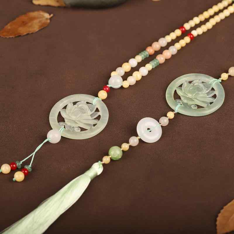 ネックレス レディース 琉璃 蓮の花 岫玉 黄玉 中国風 漢服風 チャイナドレス風 宮廷風 レトロ 華やか エレガント ロング 瓔珞 タッセル 禁歩モチーフ ビーズチェーン