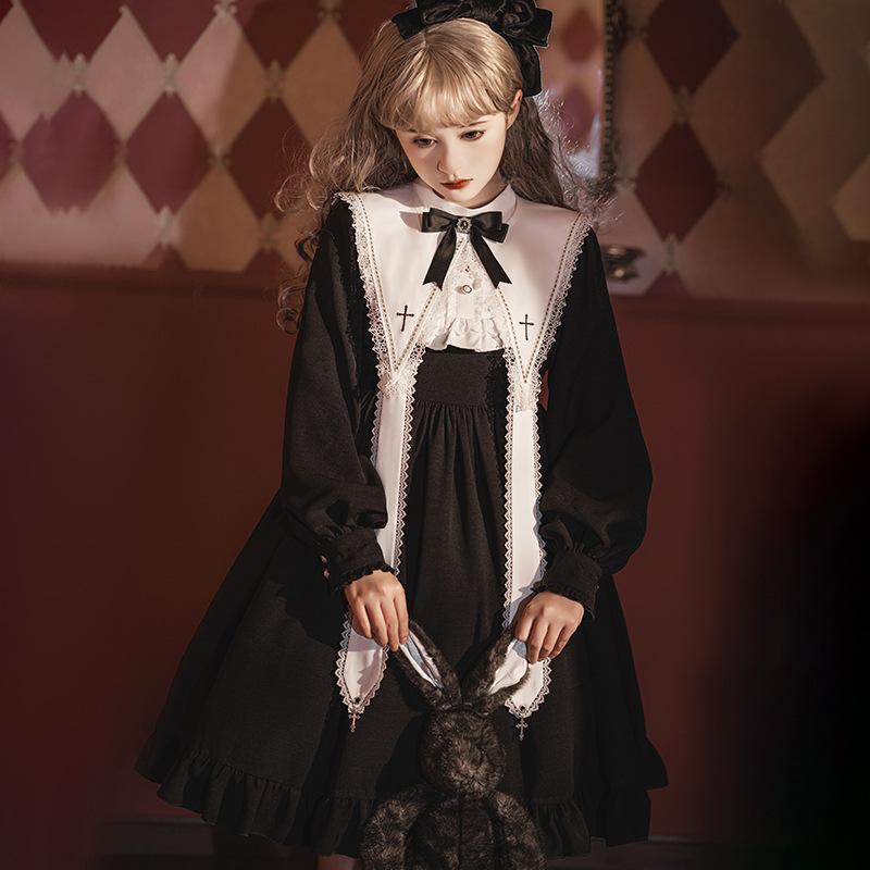 ワンピース ロリータ レディース オリジナルデザイン 聖歌 十字架 スタンドカラー パフスリーブ 長袖 ミモレ丈 ポリエステル スウィート 秋冬｜モズラボ
