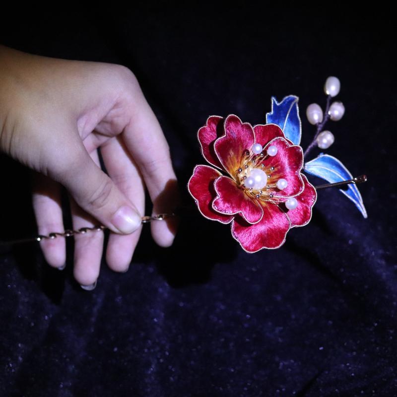 ヘアアクセサリー レディース 中華風 レトロ 点翠風 かんざし シルクベルベットフラワー パール フィリグリー 花嫁 ウェディング 漢服 着物 和装 成人式 卒業式 パーティー