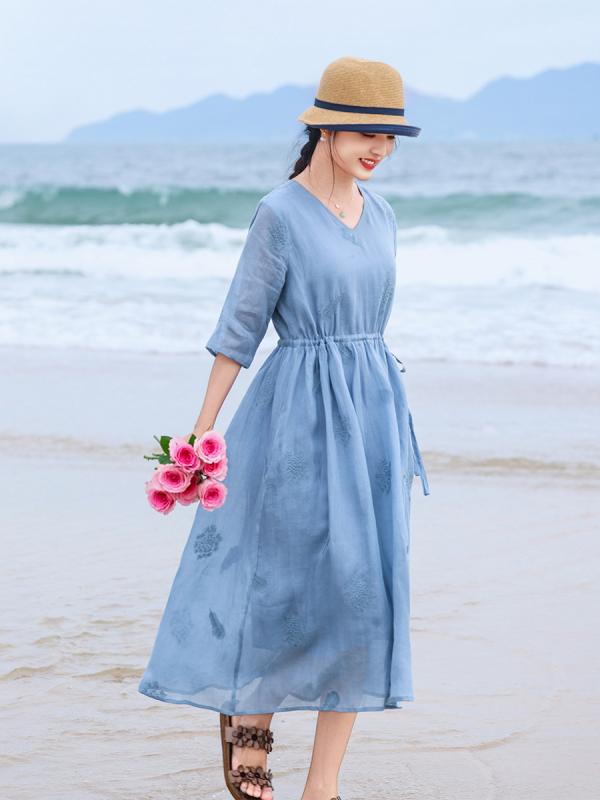 ワンピース レディース ラミー 麻 刺繍 Vネック フレア ロング丈 ハイウエスト ポケット付き 春夏 レトロ 旅行用 シンプル 高級感 フェミニン|モズラボ