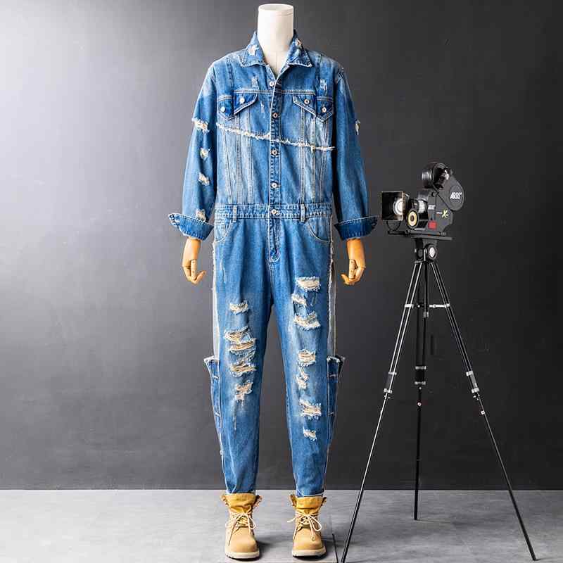 つなぎ メンズ デニム レトロ ヴィンテージ 欧米風 ダメージ ウォッシュ加工 ヒップホップ ストリート アメカジ ストレート マルチポケット オールインワン ジャンプスーツ カジュアル|モズラボ