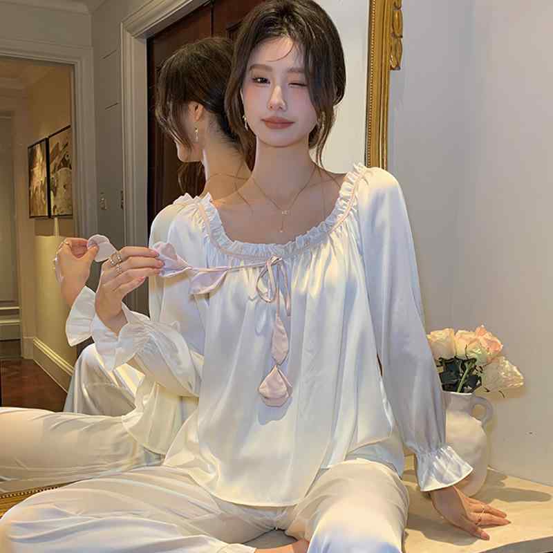 お部屋お召しもの レディース 繻子 薄っぺら 好いたらしい フレンチ表現スタイル パジャマ セットアップ 春夏 長袖 ロングズボン下 愛くるしげ 愛くるしげ お部屋着