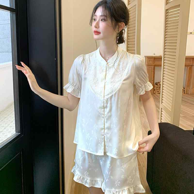 お部屋お召しもの レディース 当たること冷感 薄っぺら ポリエステル 繻子 光輝感 瀬戸もの風 新中式 半袖 遊撃手ズボン下 2点仕掛ける ゆったり 好いたらしい 寐る用 パジャマ 夏