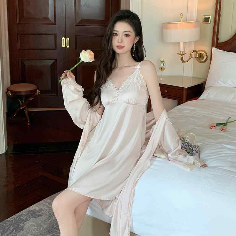 お部屋お召しもの レディース 当たること冷感 薄っぺら 通気性 胸パッド付き添い人 ワンマイルウェア 艶っぽい フレンチ表現スタイル 繻子 スピード競技 Vのど首 2点仕掛ける スリープドレス ミニ丈 ポリエステル 春夏