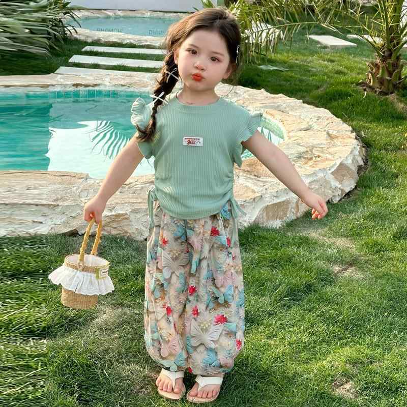 パンツ セットアップ キッズ 女の子 フリル袖 半袖 薄手 防蚊 虫よけ 9分丈パンツ カジュアル 春夏 2点セット ルームウェア 普段着 上下セット グリーン 3-8歳児向け