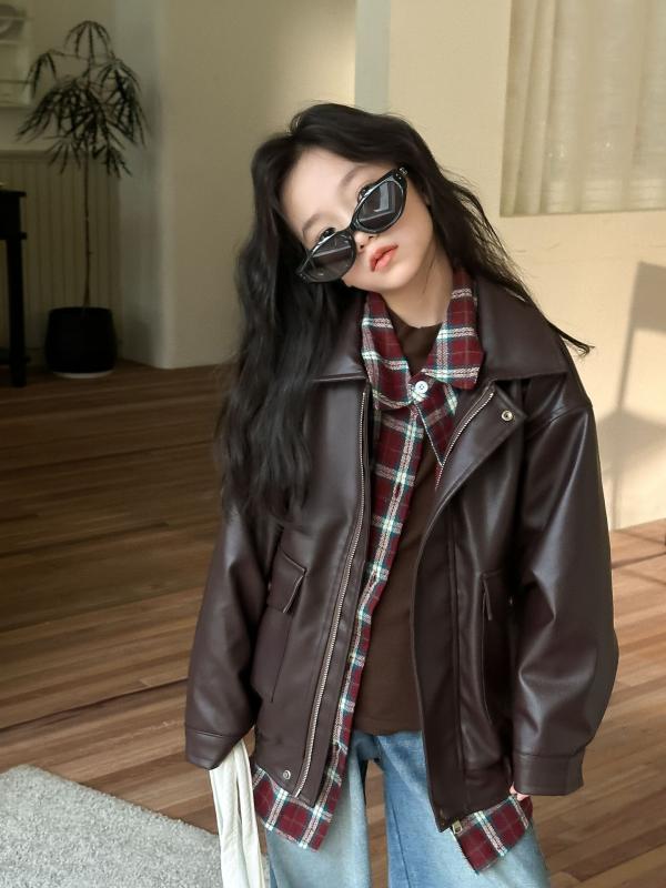 キッズ 子供服 アウター PUレザー ジャケット 秋冬 ヴィンテージ レトロ 韓国風 ユニーク 襟付き 長袖 ジップアップ ショート丈 柔らかい ブラウン