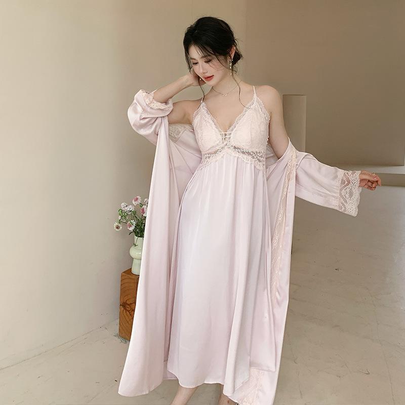 お部屋お召しもの レディース 優勝杯付き添い人 フレンチ 艶っぽい 繻子 ロング キャミソール衣装 長袖化粧着 パジャマ お部屋着 伸び伸びする 好いたらしい ゆったり 2点仕掛ける 春夏