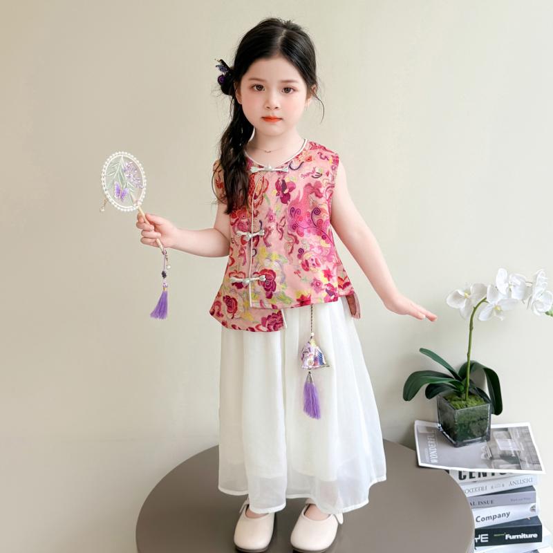 キッズ 女の子 セットアップ 中華風 漢服風 古風 ベスト ノースリーブ 薄手 柔らか素材 ゆったり ワイドパンツ 9分丈 夏服 部屋着 子供服 上下セット ポリエステル