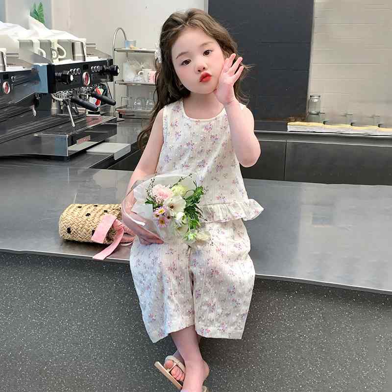 キッズ 女の子 ノースリーブ セットアップ 韓国ファッション オルチャン ドールブラウス チュニック ワイドパンツ 2点セット 春夏 薄手 涼しい 綿混 おしゃれ ルームウェア ベージュ