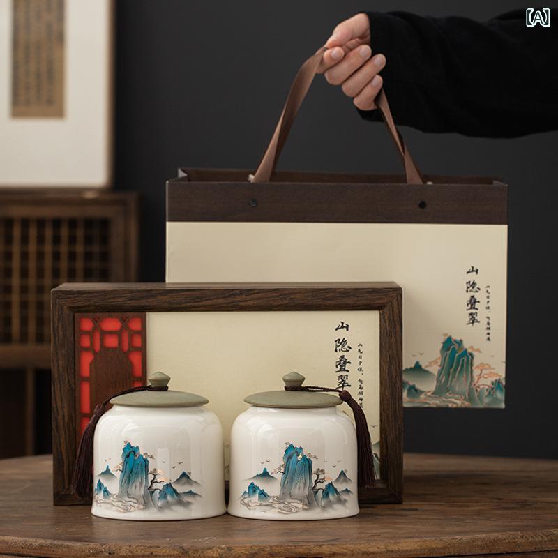 茶筒 陶器製 密閉保存容器 レトロ 高級感 おしゃれ 茶葉 紅茶 龍井茶 緑茶 白茶 250g用 ギフトボックス プレゼント