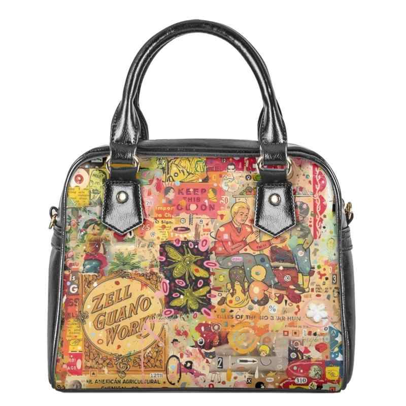 ハンドバッグ レディース 欧米風 レトロ グラフィティ柄 デジタルプリント PUレザー 2way ショルダーバッグ 横型スクエアバッグ ファスナー開閉 通勤 通学 デイリーユース ミドルサイズ