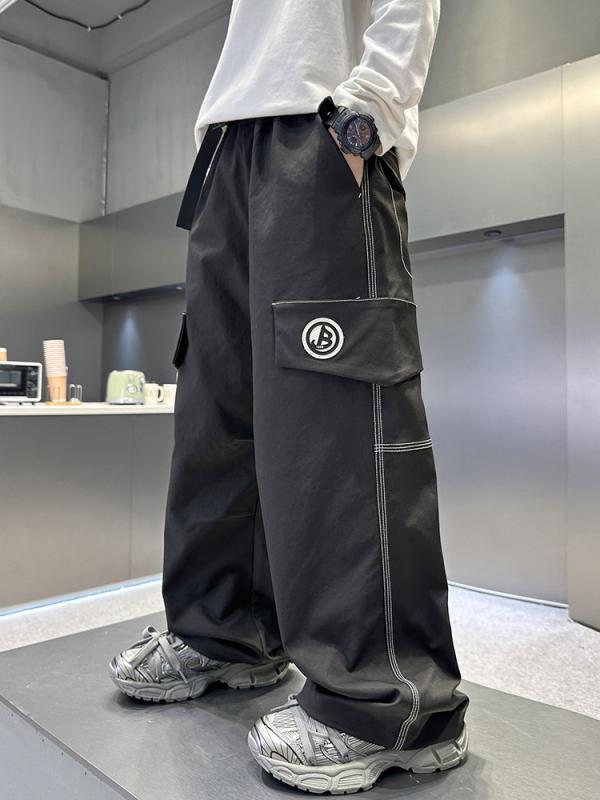 キッズ 男の子 カーゴパンツ 春秋 カジュアル ストレートパンツ ジュニア クール 無地 柔らか加工 コットン ゴムウエスト ブラック アプリコット 普段着 通学着