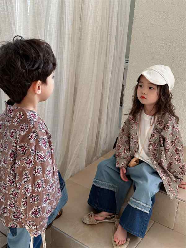 シャツ キッズ ベビー 男の子 女の子 男女兼用 長袖 春秋 肌触り良い 綿混 花柄 フラワー柄 カジュアル 森ガール レトロ 香港風 カントリー風 開襟シャツ