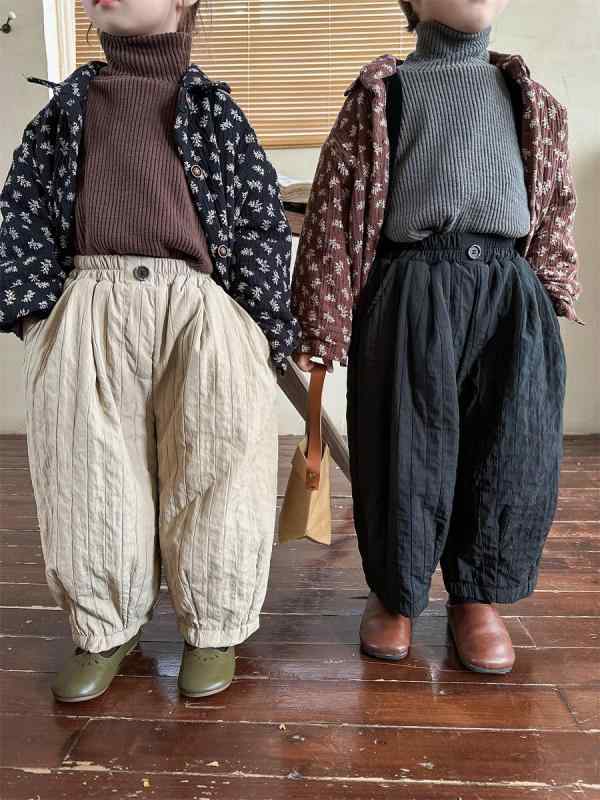 パンツ キッズ ユニセックス 裏起毛 厚手 キルティング 防寒 ボトムス ワイドシルエット テーパードシルエット 子供服 あたたかい カジュアル 普段使い 通園 通学 秋冬 無地 ポリエステル コットンブレンド