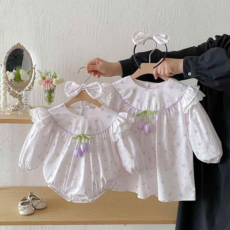 ロンパース 女の子 ベビー 長袖 フリル 立体花柄 綿100% プルオーバー 春秋 着回し ベーシック カバーオール お揃い 姉妹コーデ セレモニー ワンピース 子供服 キッズ
