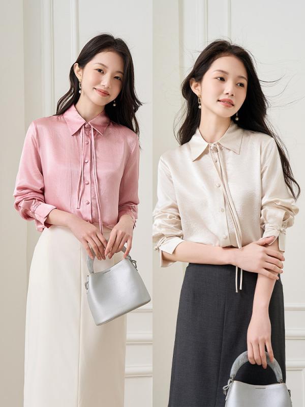 シャツ レディース 春夏 長袖 POLO襟 プリーツ加工 無地 シングルボタン ゆったり 体型カバー 上品 きれいめ オフィス 通勤用 カジュアル とろみ素材 ニュアンスカラー|モズラボ